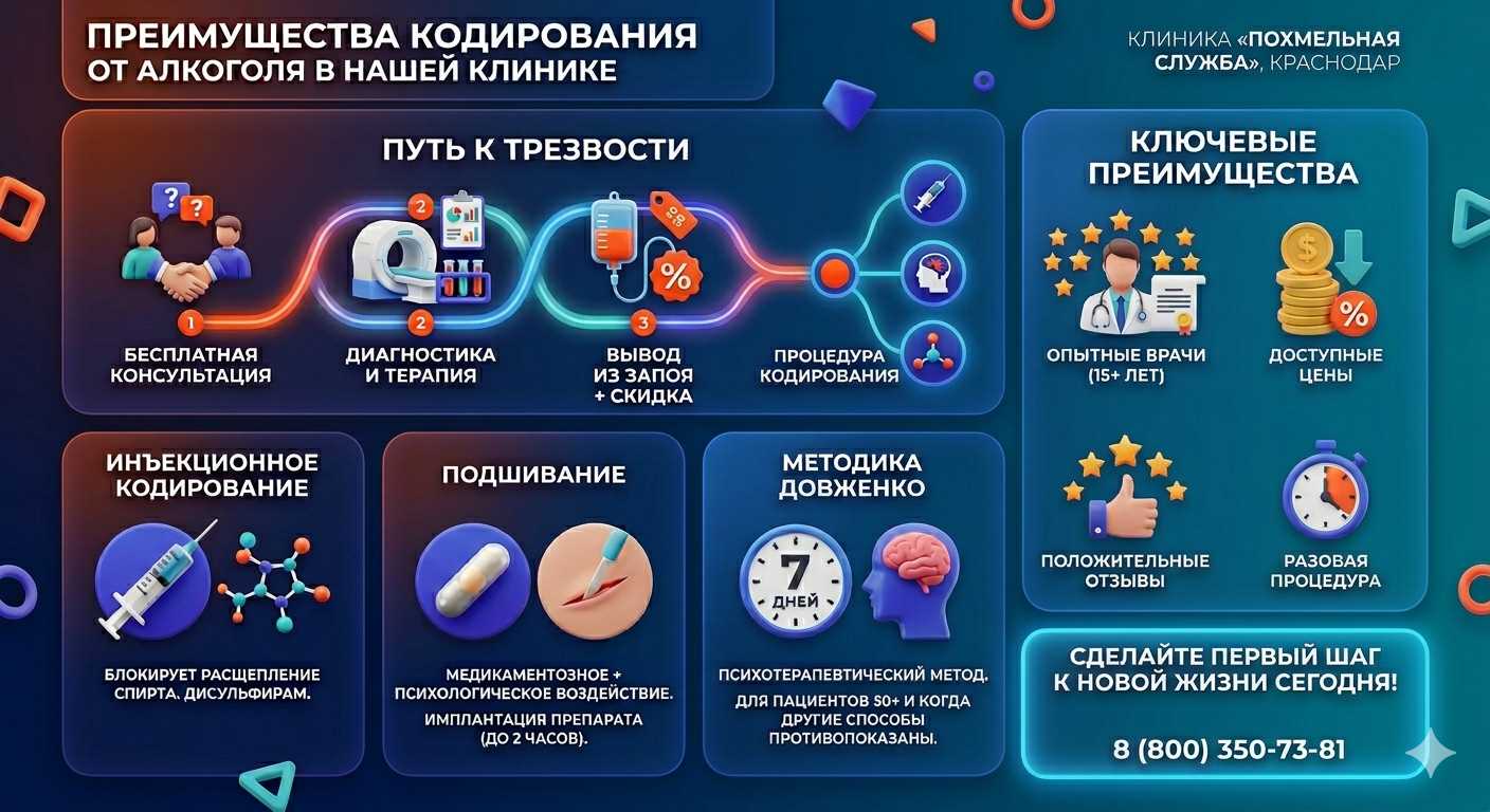 Инфографика о методах кодирования от алкоголя в Мелитополе: инъекции, подшивание, метод Довженко. Преимущества клиники и этапы лечения.